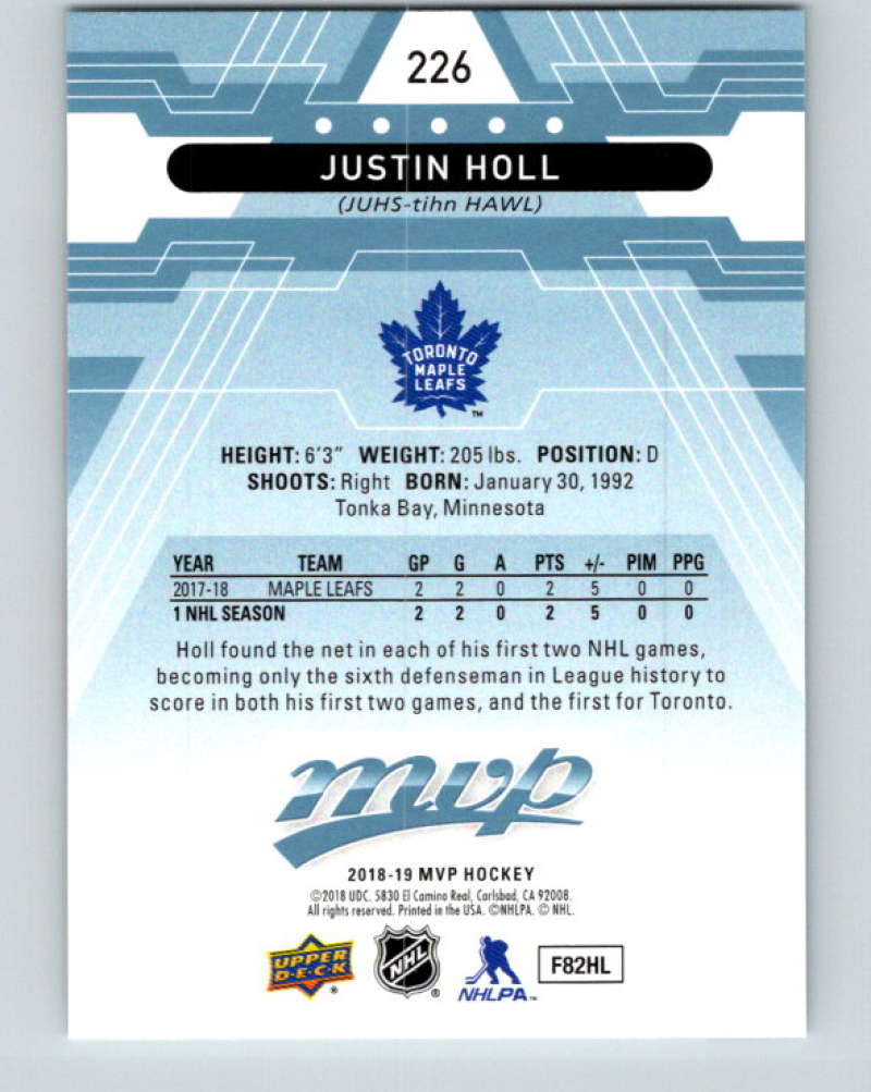 2018-19 Upper Deck MVP #226 Justin Holl Mint RC Rookie Toronto Maple Leafs