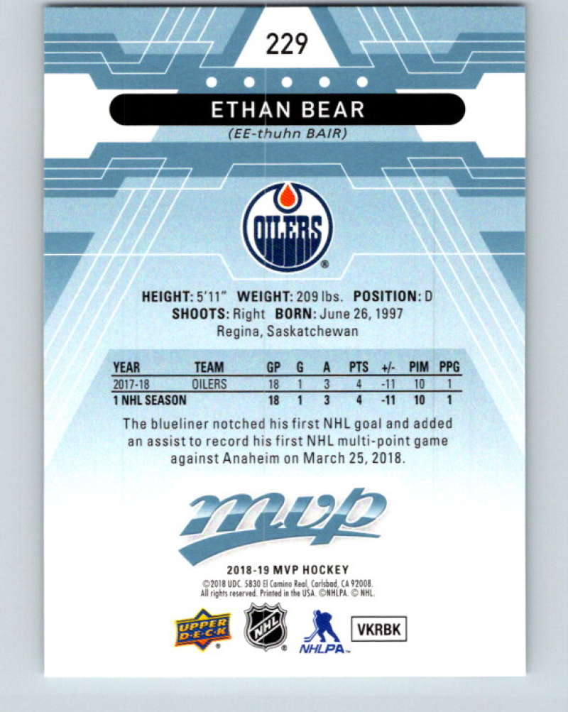 2018-19 Upper Deck MVP #229 Ethan Bear Mint RC Rookie Edmonton Oilers