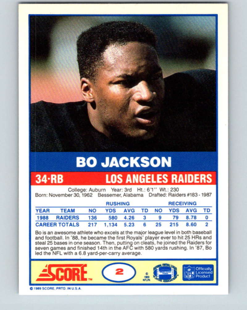 1989 Score #2 Bo Jackson Mint Los Angeles Raiders