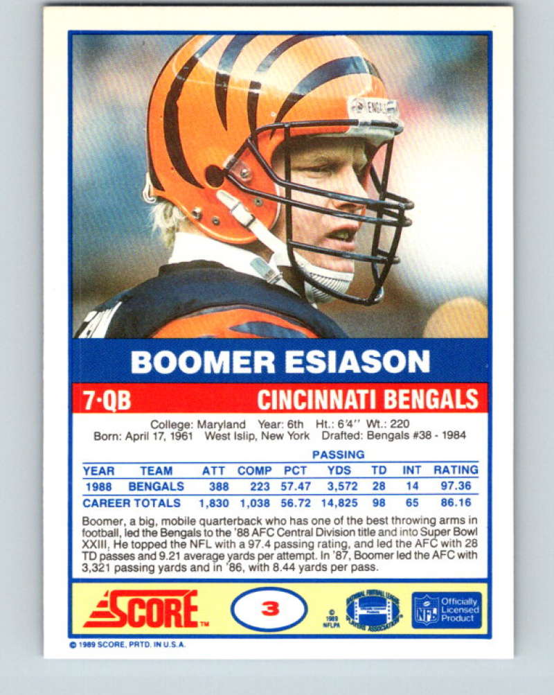 1989 Score #3 Boomer Esiason Mint Cincinnati Bengals Image 2
