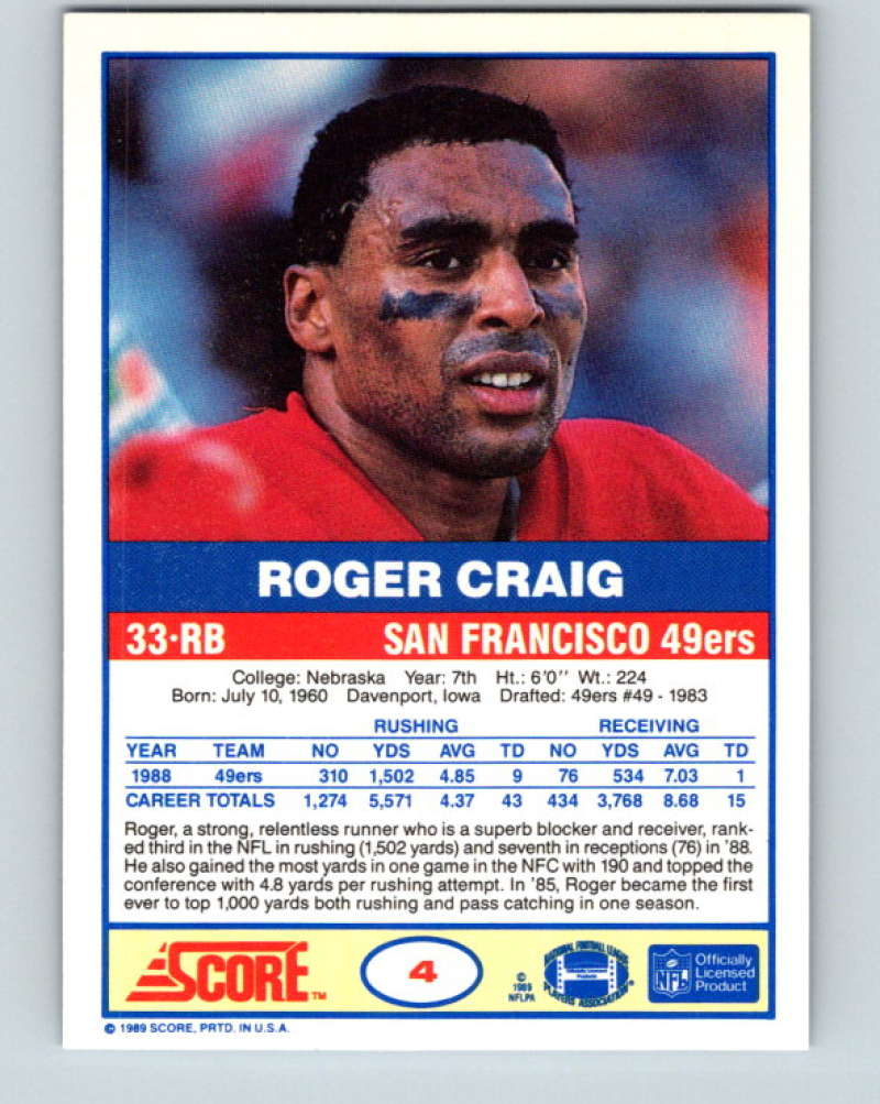 1989 Score #4 Roger Craig Mint San Francisco 49ers