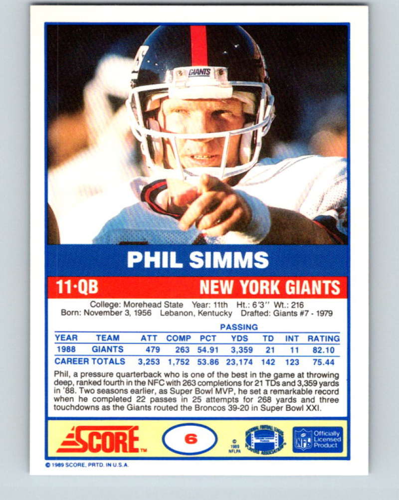 1989 Score #6 Phil Simms Mint New York Giants Image 2