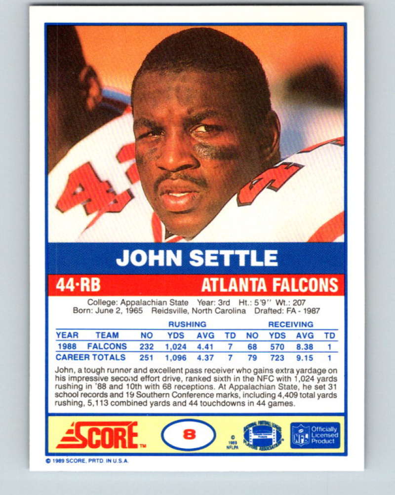 1989 Score #8 John Settle Mint RC Rookie Atlanta Falcons Image 2
