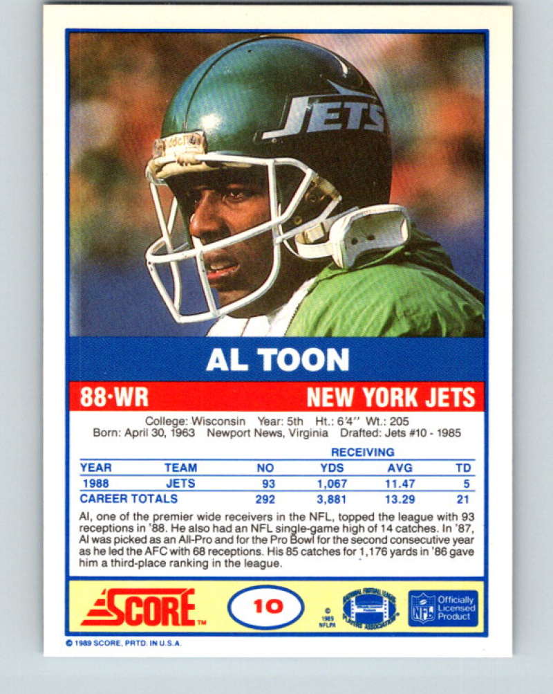 1989 Score #10 Al Toon Mint New York Jets Image 2
