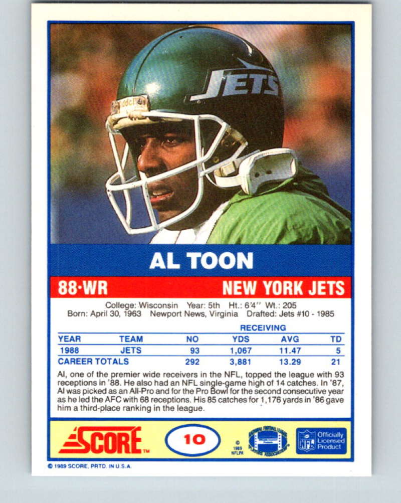 1989 Score #10 Al Toon Mint New York Jets  Image 2