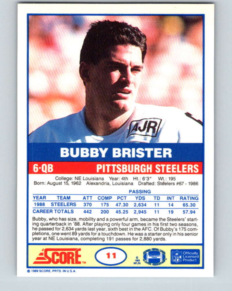 1989 Score #11 Bubby Brister Mint RC Rookie Pittsburgh Steelers