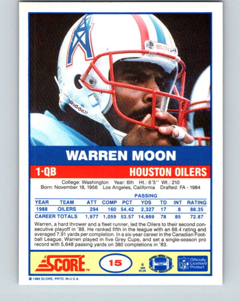 1989 Score #15 Warren Moon Mint Houston Oilers Image 2