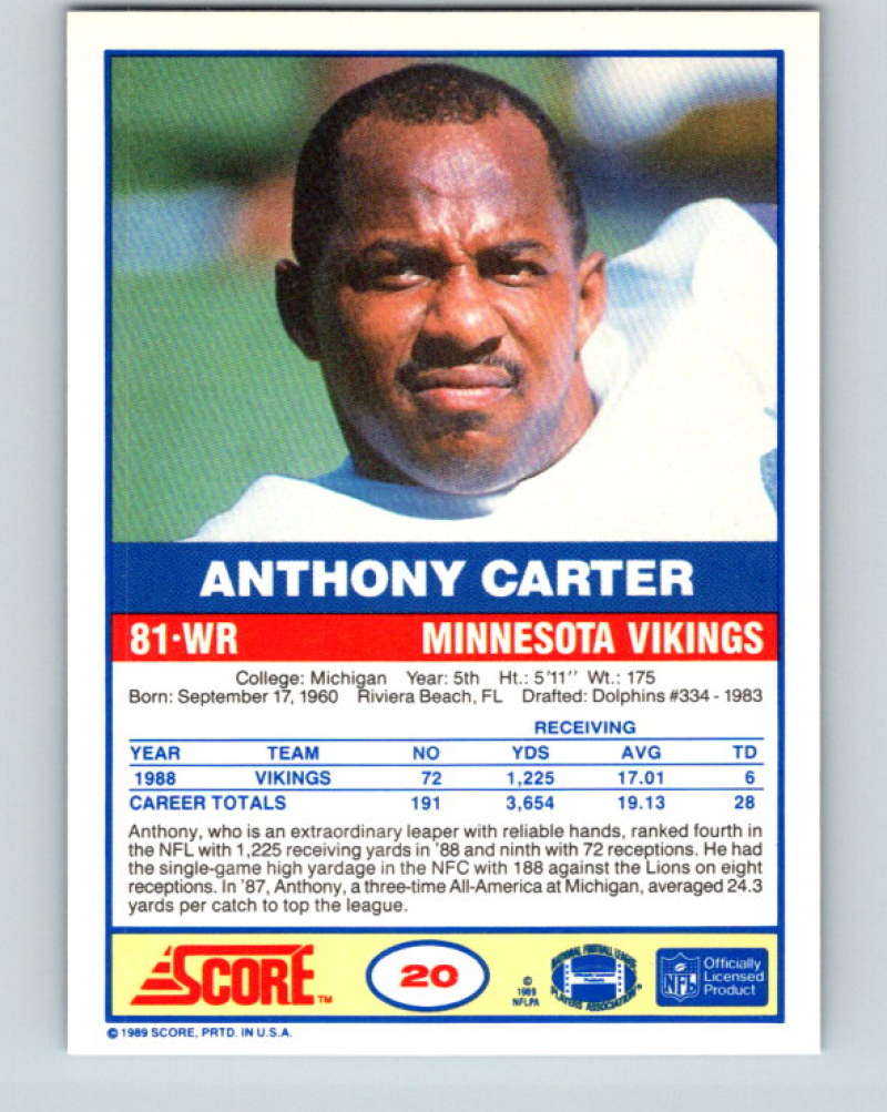 1989 Score #20 Anthony Carter Mint Minnesota Vikings Image 2