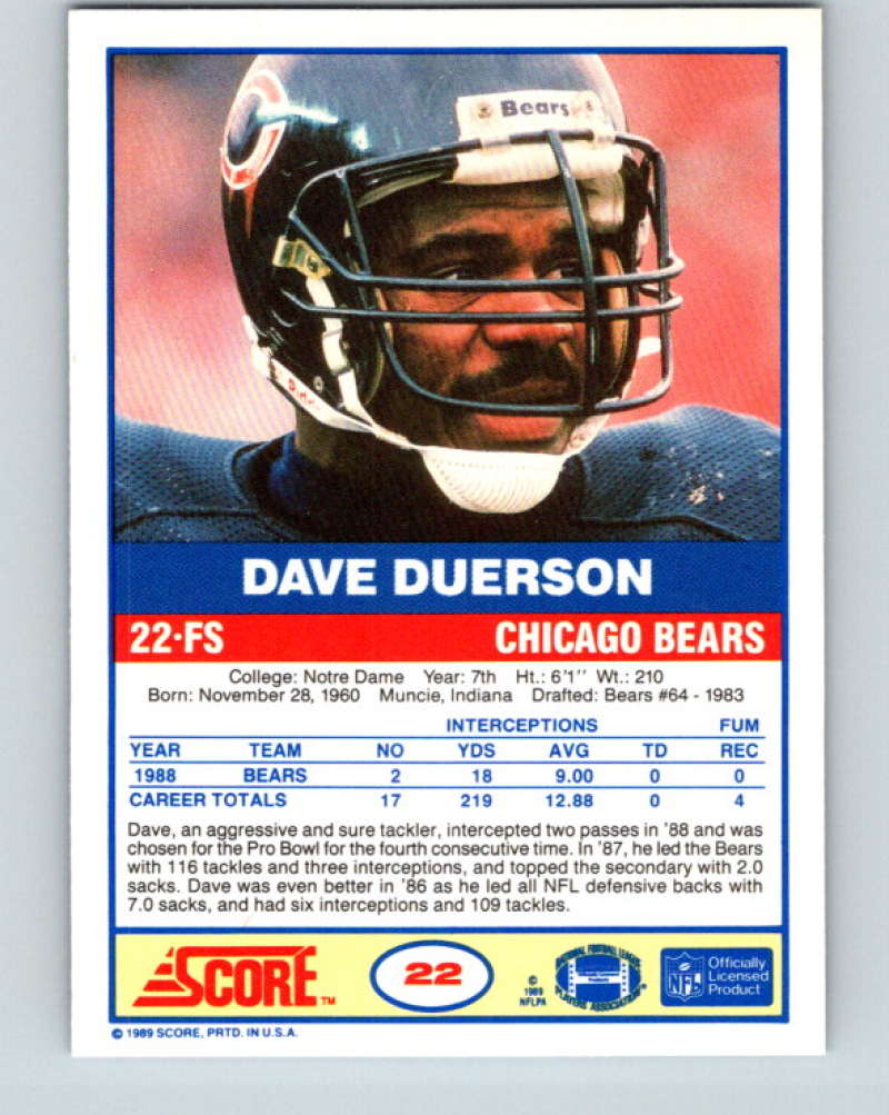 1989 Score #22 Dave Duerson Mint Chicago Bears Image 2