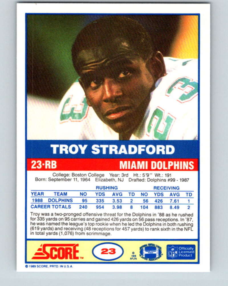 1989 Score #23 Troy Stradford Mint Miami Dolphins Image 2