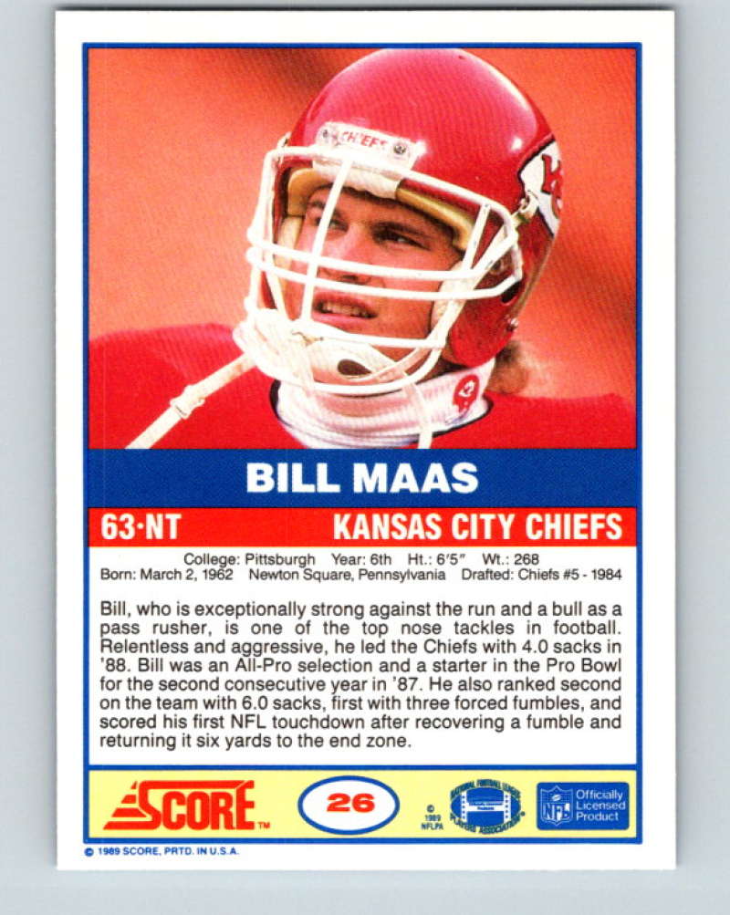 1989 Score #26 Bill Maas Mint Kansas City Chiefs Image 2