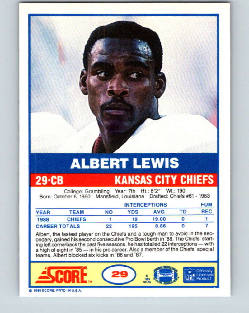 1989 Score #29 Albert Lewis Mint Kansas City Chiefs Image 2
