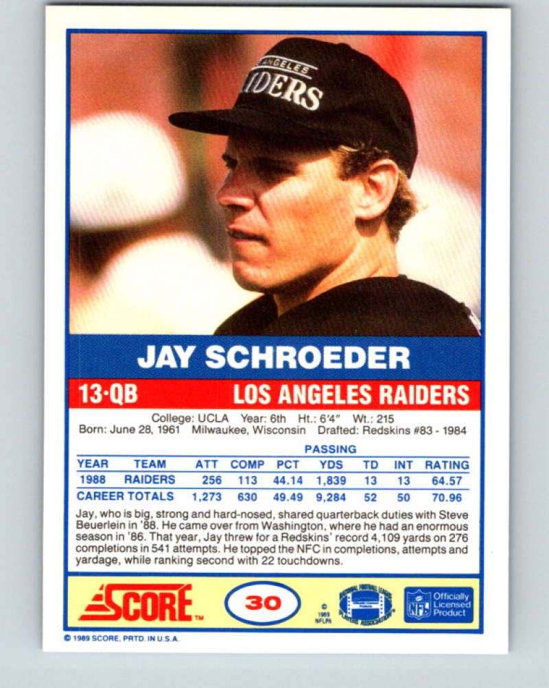 1989 Score #30 Jay Schroeder Mint Los Angeles Raiders Image 2