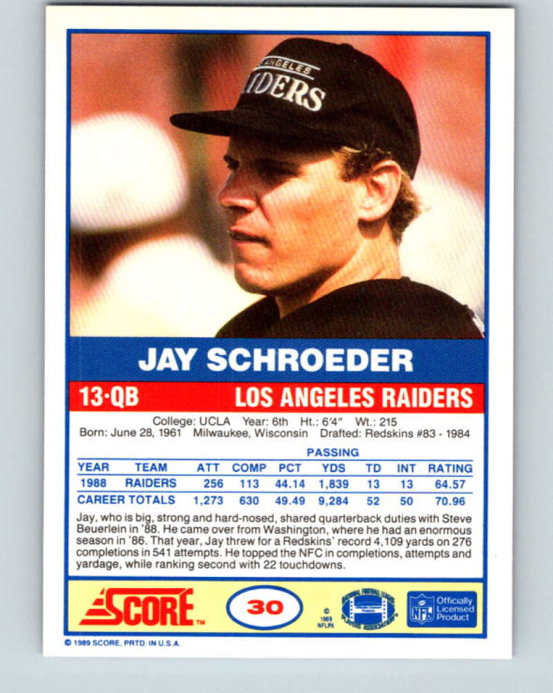 1989 Score #30 Jay Schroeder Mint Los Angeles Raiders  Image 2