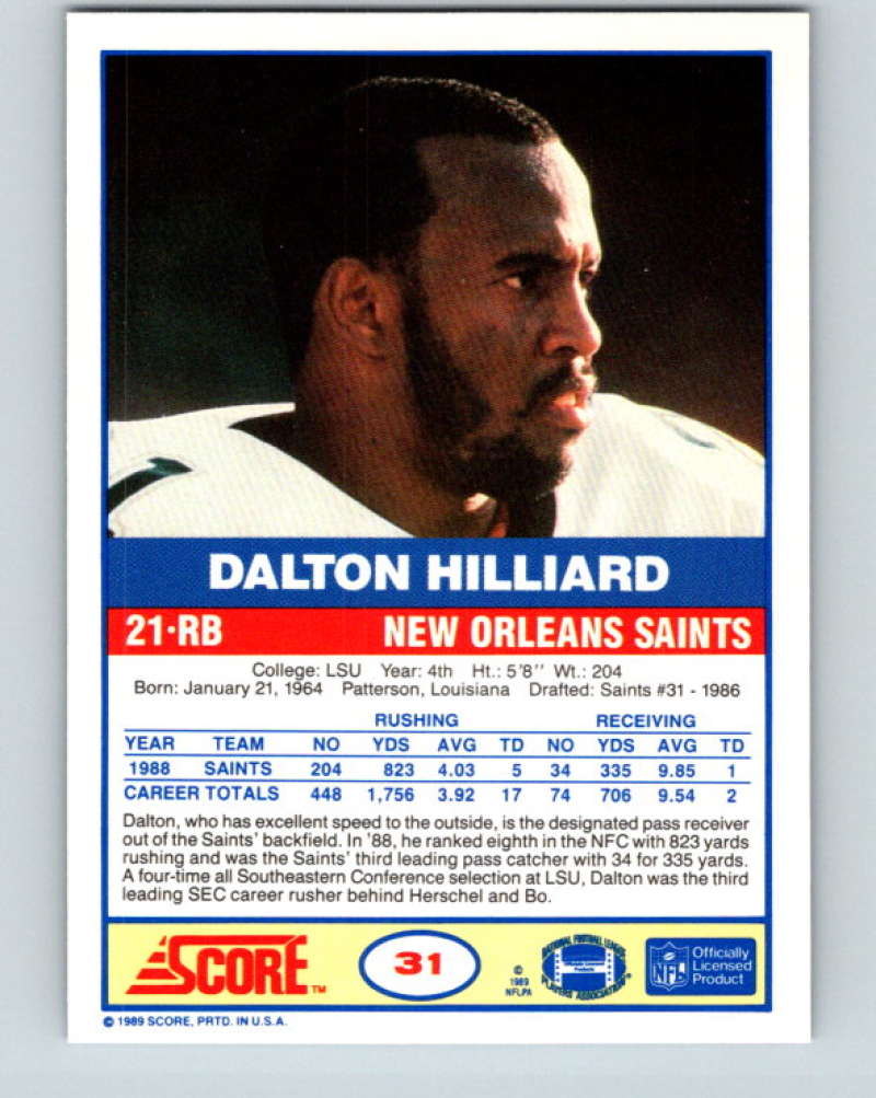 1989 Score #31 Dalton Hilliard Mint New Orleans Saints Image 2