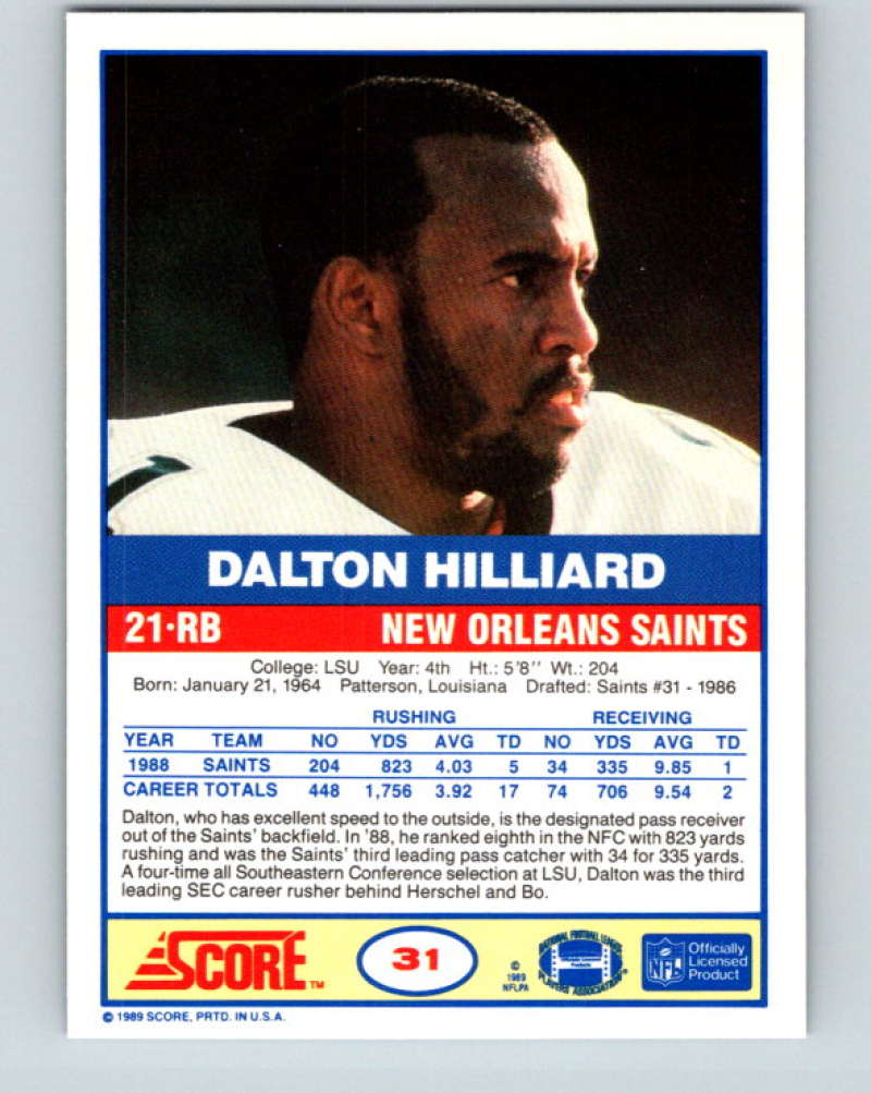 1989 Score #31 Dalton Hilliard Mint New Orleans Saints  Image 2