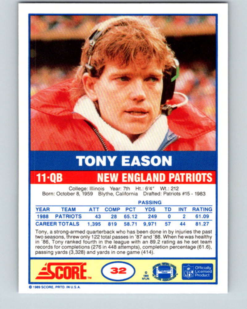 1989 Score #32 Tony Eason Mint New England Patriots Image 2