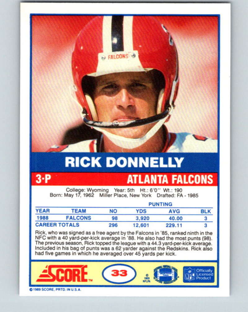 1989 Score #33 Rick Donnelly UER Mint Atlanta Falcons Image 2