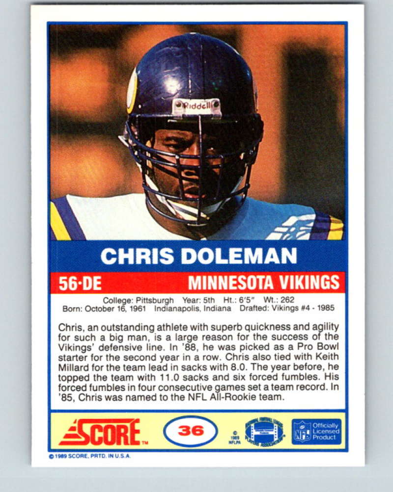 1989 Score #36 Chris Doleman Mint Minnesota Vikings  Image 2