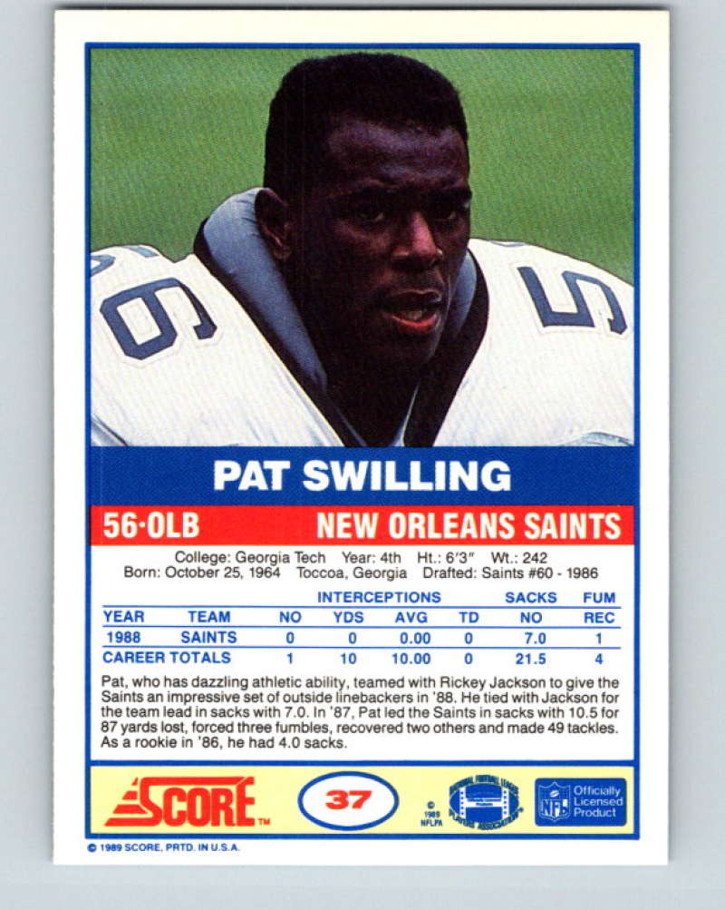 1989 Score #37 Pat Swilling Mint New Orleans Saints Image 2