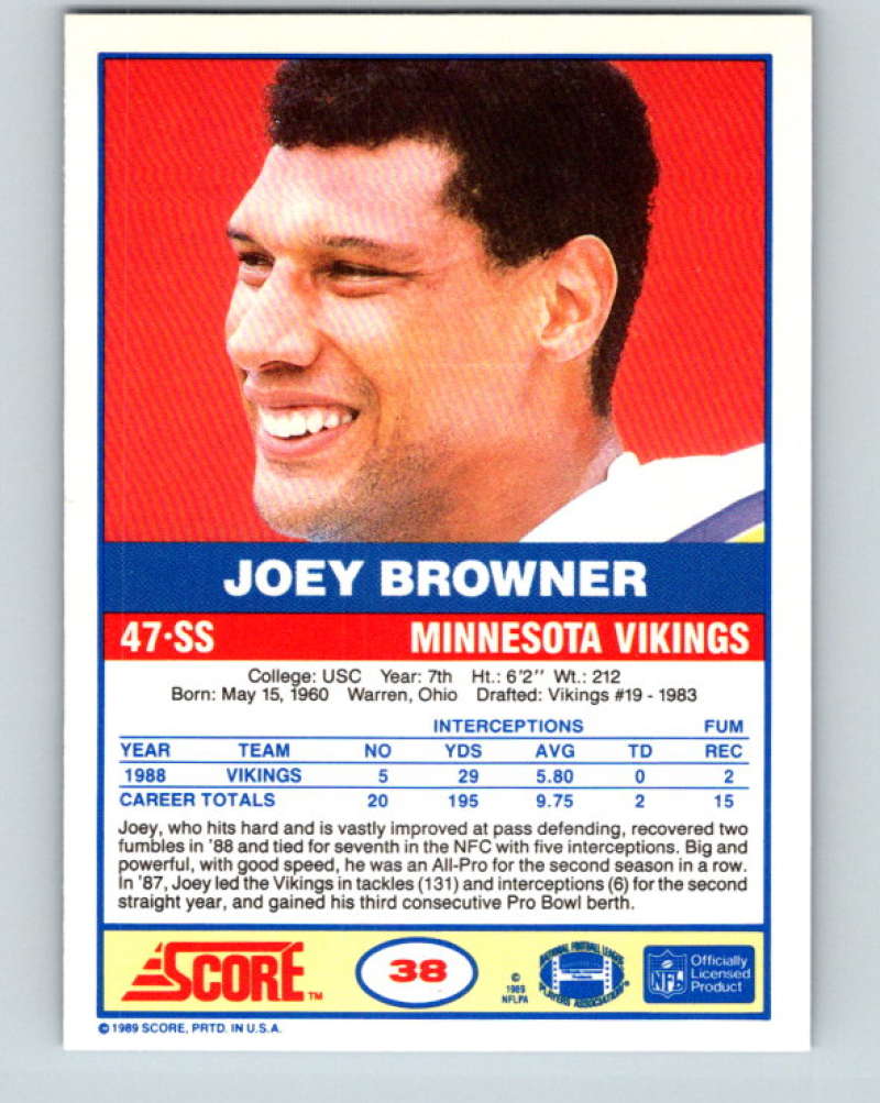 1989 Score #38 Joey Browner Mint Minnesota Vikings Image 2