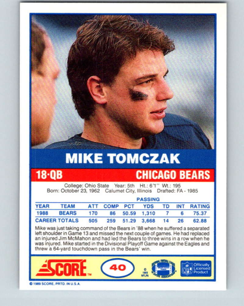 1989 Score #40 Mike Tomczak Mint Chicago Bears Image 2
