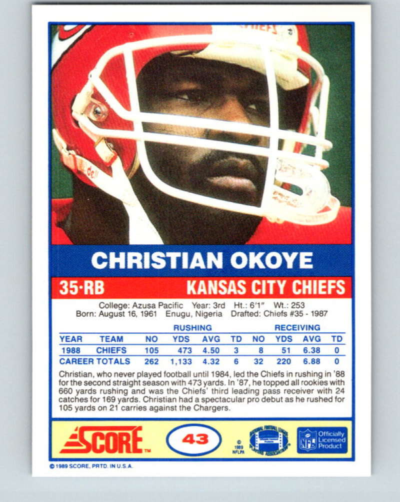 1989 Score #43 Christian Okoye Mint Kansas City Chiefs
