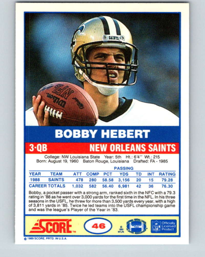 1989 Score #46 Bobby Hebert Mint New Orleans Saints Image 2