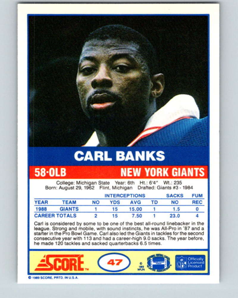 1989 Score #47 Carl Banks Mint New York Giants Image 2