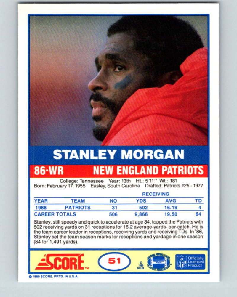 1989 Score #51 Stanley Morgan Mint New England Patriots