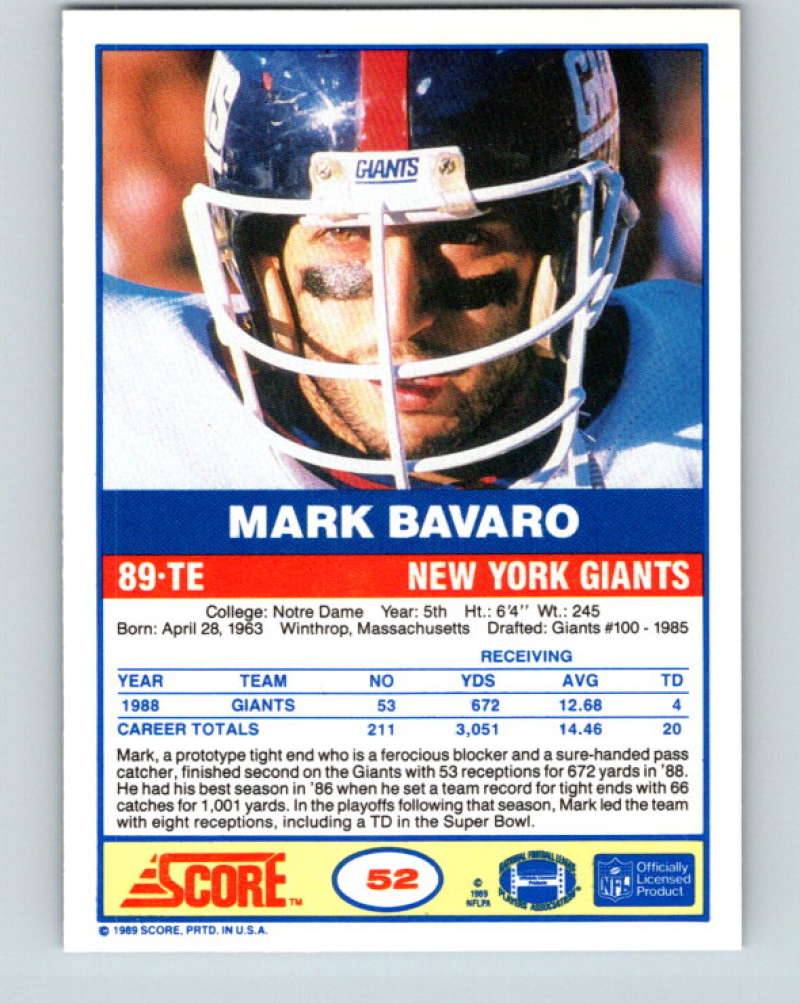1989 Score #52 Mark Bavaro Mint New York Giants