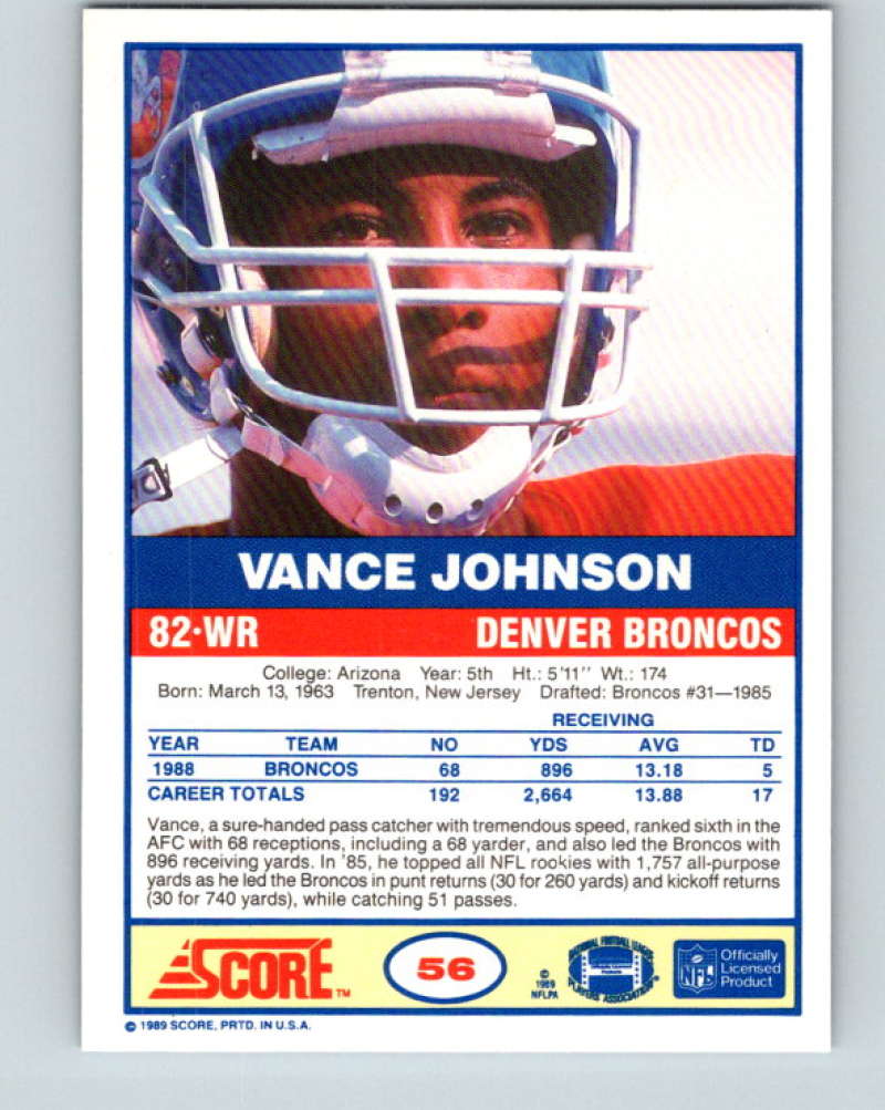 1989 Score #56 Vance Johnson Mint Denver Broncos Image 2
