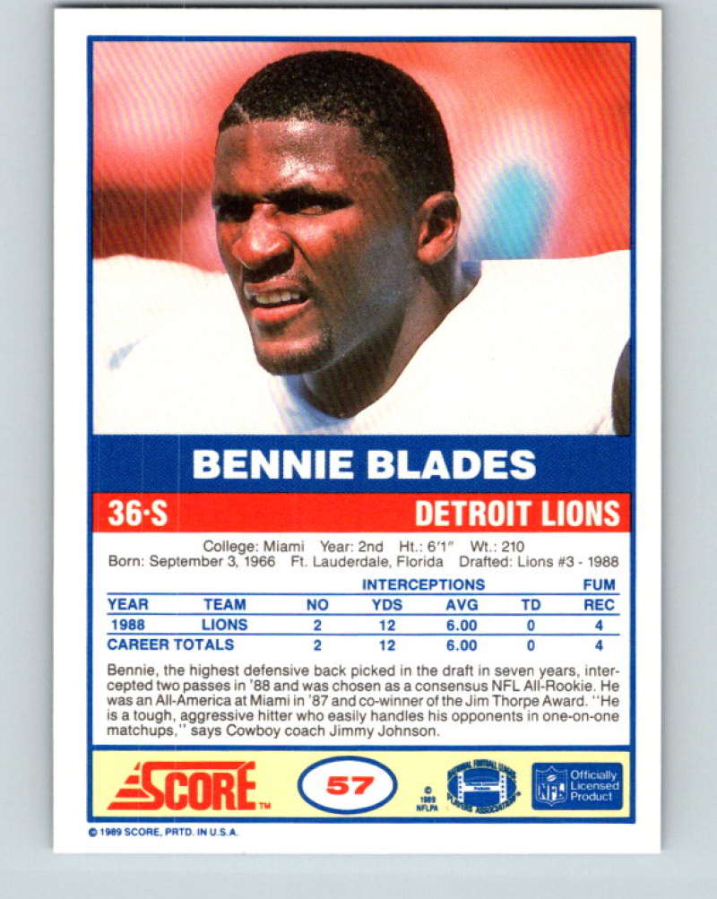 1989 Score #57 Bennie Blades Mint RC Rookie Detroit Lions Image 2