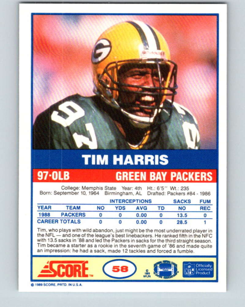 1989 Score #58 Tim Harris Mint Green Bay Packers Image 2