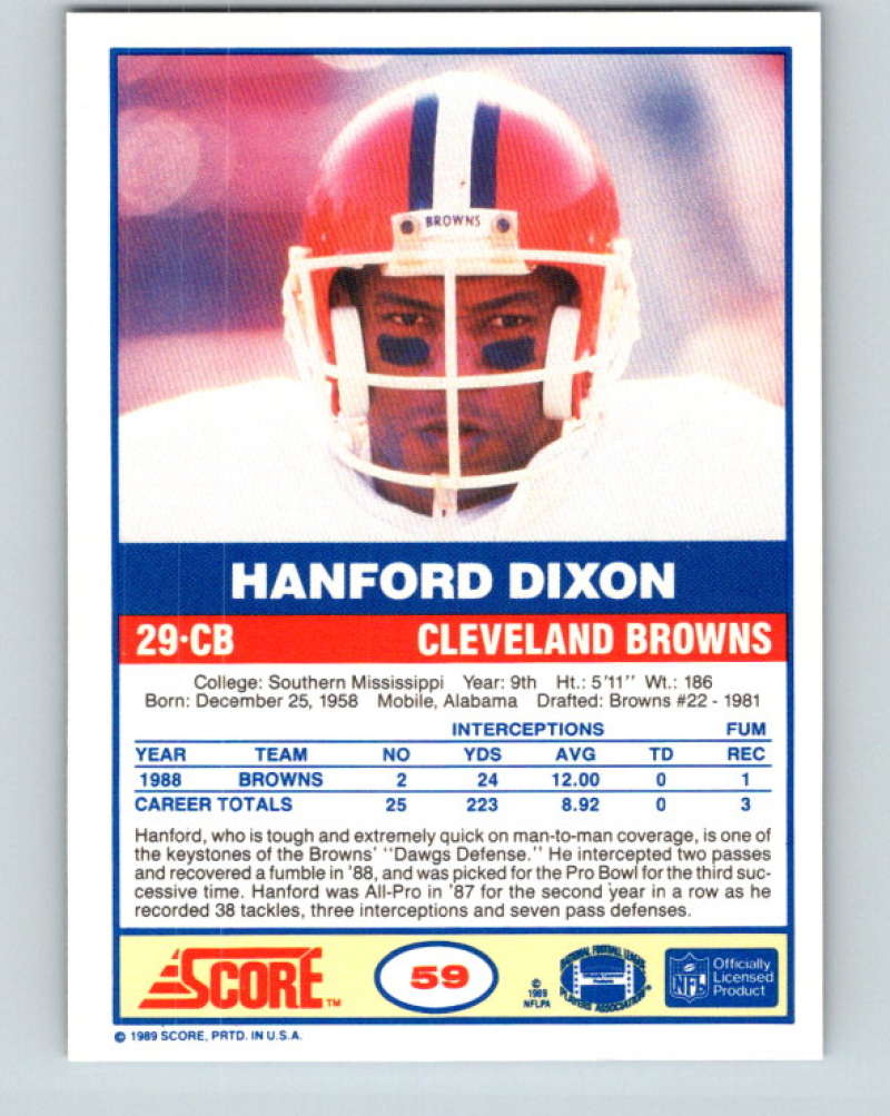 1989 Score #59 Hanford Dixon Mint Cleveland Browns Image 2