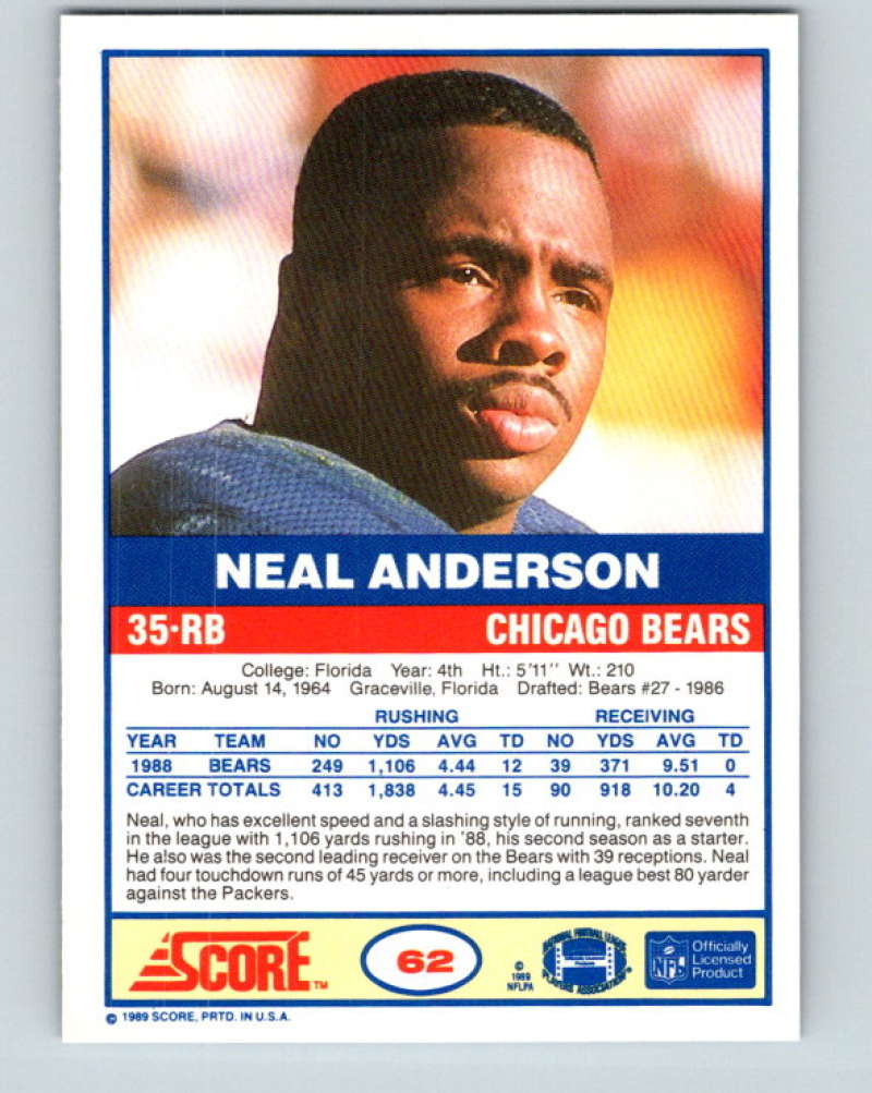 1989 Score #62 Neal Anderson Mint Chicago Bears Image 2