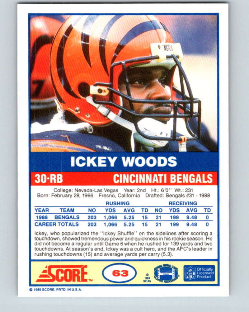 1989 Score #63 Ickey Woods UER Mint RC Rookie Cincinnati Bengals Image 2
