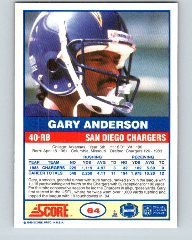 1989 Score #64 Gary Anderson RB Mint San Diego Chargers Image 2