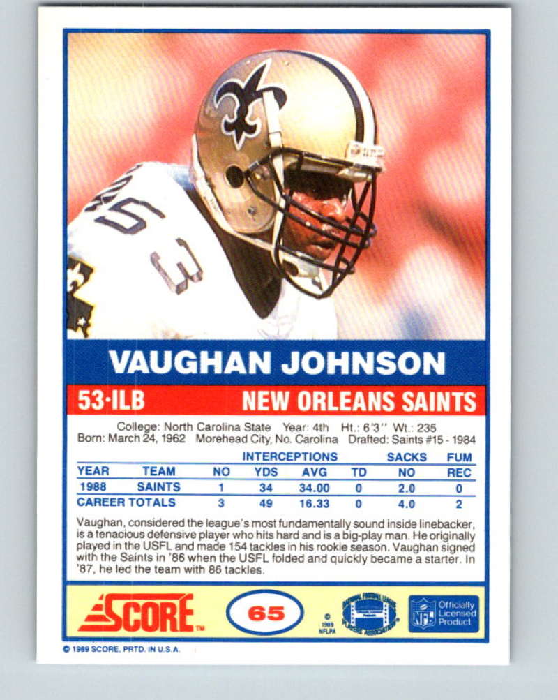 1989 Score #65 Vaughan Johnson Mint RC Rookie New Orleans Saints Image 2