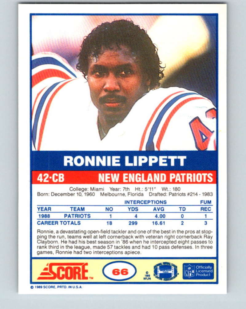 1989 Score #66 Ronnie Lippett Mint New England Patriots Image 2