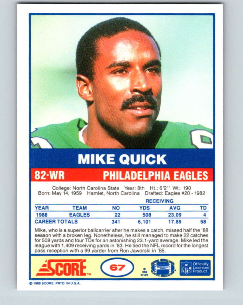 1989 Score #67 Mike Quick Mint Philadelphia Eagles Image 2