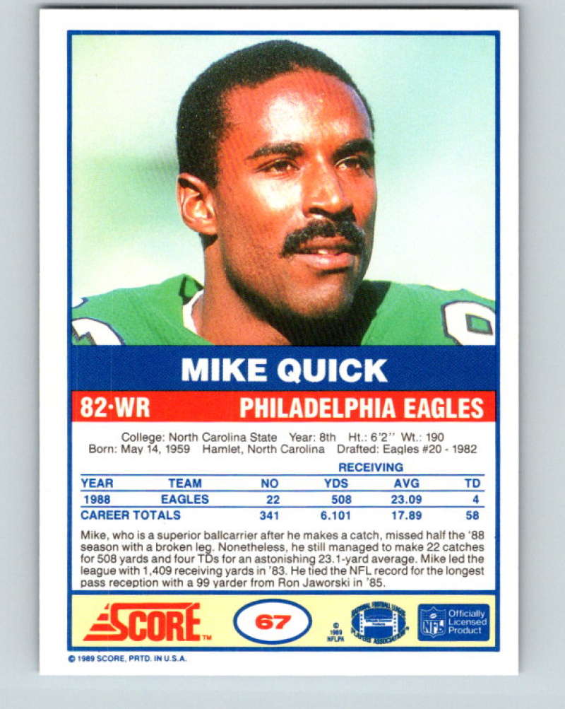 1989 Score #67 Mike Quick Mint Philadelphia Eagles  Image 2