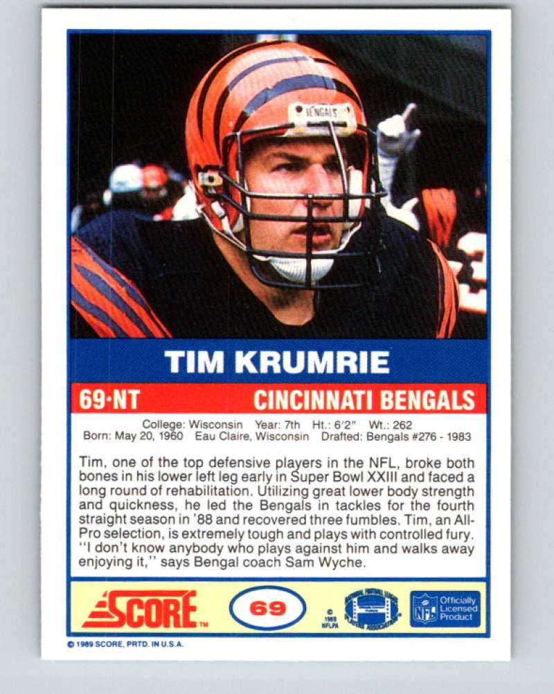 1989 Score #69 Tim Krumrie Mint Cincinnati Bengals Image 2