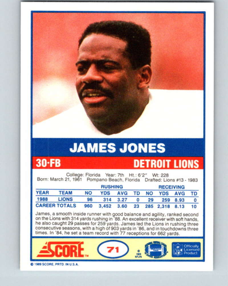 1989 Score #71 James Jones Mint Detroit Lions Image 2