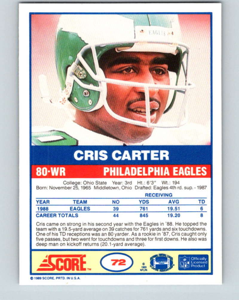 1989 Score #72 Cris Carter Mint RC Rookie Philadelphia Eagles Image 2