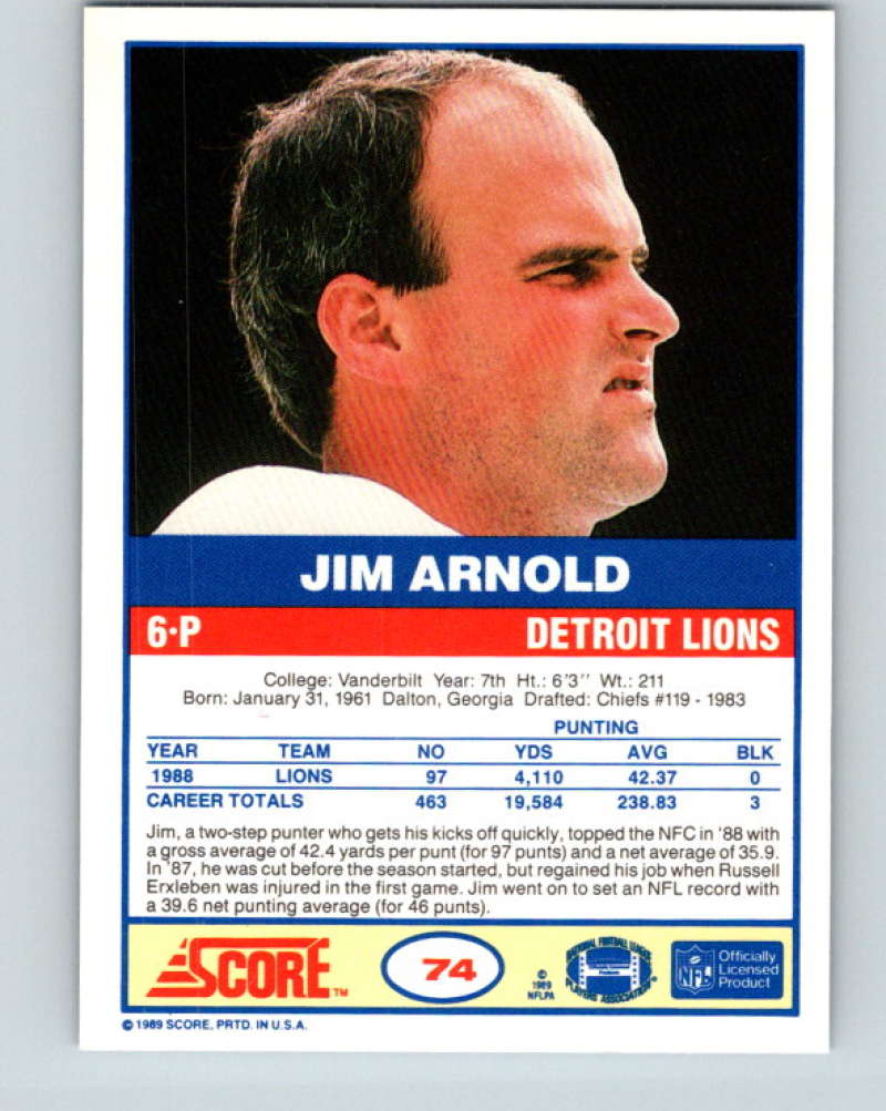 1989 Score #74 Jim Arnold UER Mint Detroit Lions Image 2