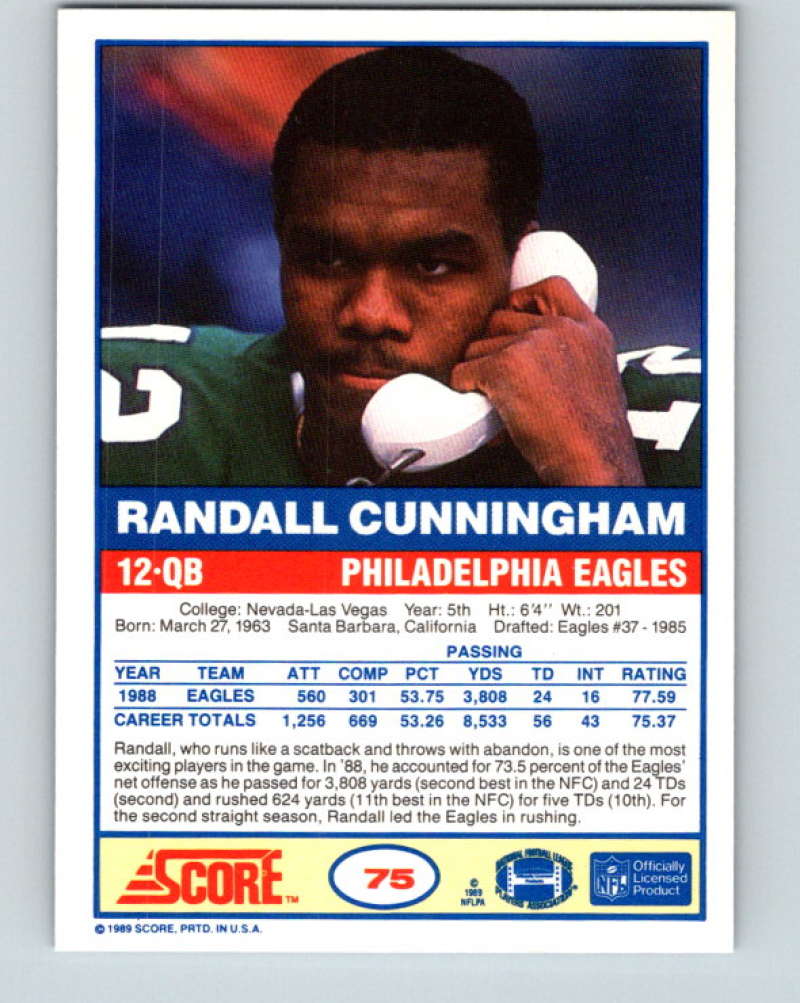 1989 Score #75 Randall Cunningham Mint Philadelphia Eagles