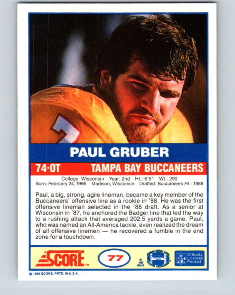 1989 Score #77 Paul Gruber Mint RC Rookie Tampa Bay Buccaneers Image 2