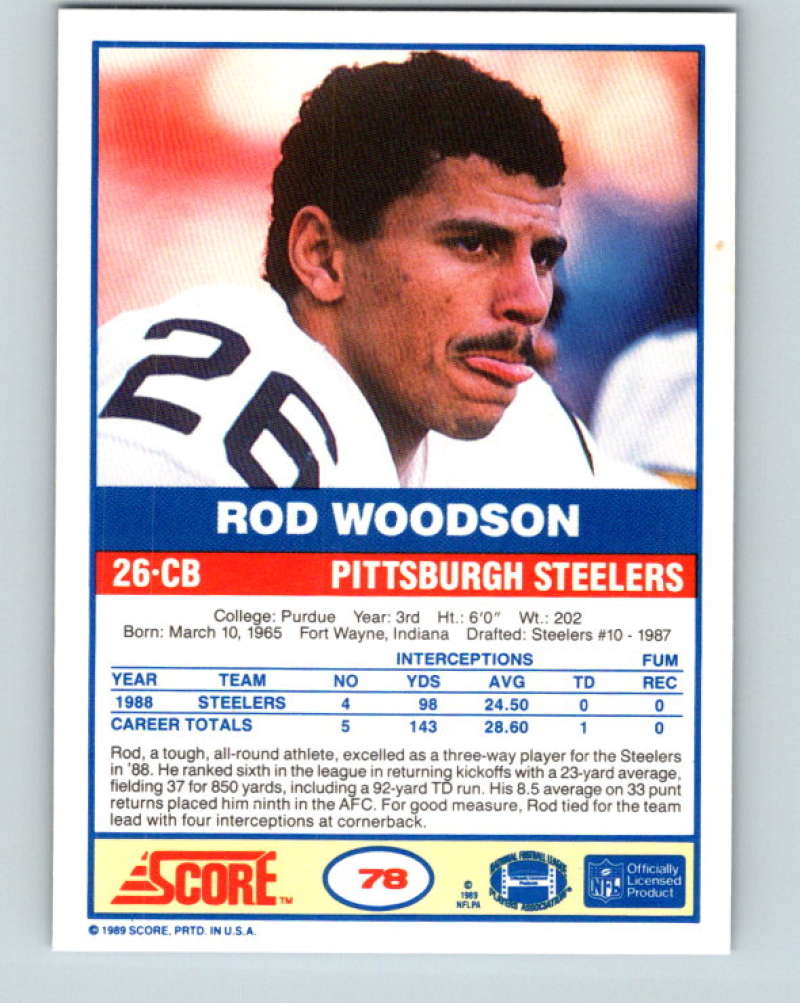 1989 Score #78 Rod Woodson Mint RC Rookie Pittsburgh Steelers
