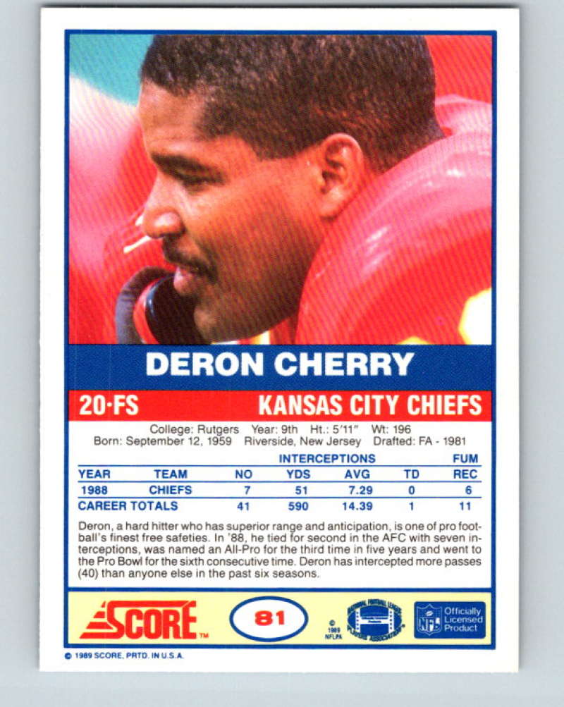 1989 Score #81 Deron Cherry Mint Kansas City Chiefs Image 2